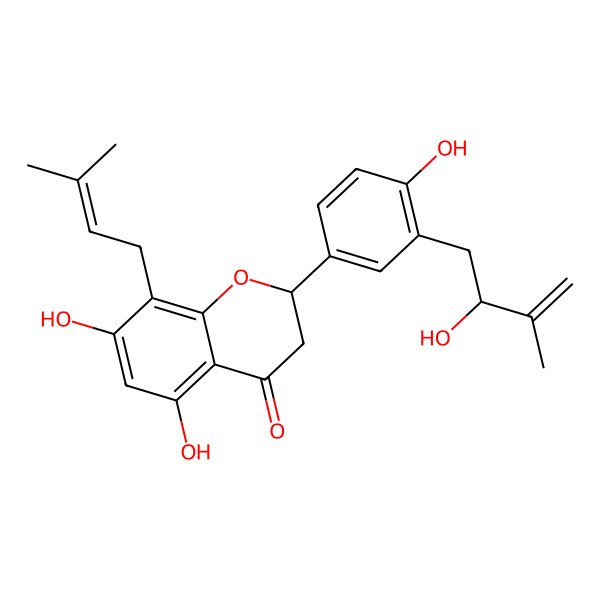 2D Structure of 5,7-Dihydroxy-2-[4-hydroxy-3-(2-hydroxy-3-methylbut-3-enyl)phenyl]-8-(3-methylbut-2-enyl)-2,3-dihydrochromen-4-one
