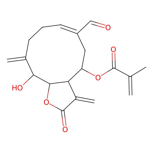 2D Structure of [(3aR,4R,6E,11S,11aS)-6-formyl-11-hydroxy-3,10-dimethylidene-2-oxo-4,5,8,9,11,11a-hexahydro-3aH-cyclodeca[b]furan-4-yl] 2-methylprop-2-enoate