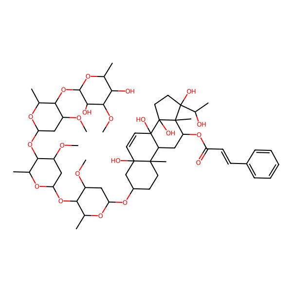 2D Structure of [(3S,5S,8S,9R,10R,12R,13R,14R,17S)-3-[(2R,4S,5R,6R)-5-[(2S,4S,5R,6R)-5-[(2S,4R,5R,6R)-5-[(2S,3R,4R,5R,6R)-3,5-dihydroxy-4-methoxy-6-methyloxan-2-yl]oxy-4-methoxy-6-methyloxan-2-yl]oxy-4-methoxy-6-methyloxan-2-yl]oxy-4-methoxy-6-methyloxan-2-yl]oxy-5,8,14,17-tetrahydroxy-17-(1-hydroxyethyl)-10,13-dimethyl-2,3,4,9,11,12,15,16-octahydro-1H-cyclopenta[a]phenanthren-12-yl] (E)-3-phenylprop-2-enoate