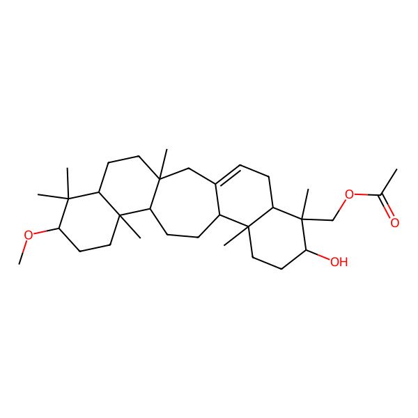 2D Structure of (8-Hydroxy-19-methoxy-1,7,11,16,20,20-hexamethyl-7-pentacyclo[13.8.0.03,12.06,11.016,21]tricos-3-enyl)methyl acetate