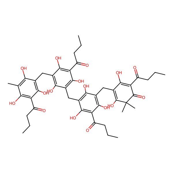 2D Structure of 2-Butanoyl-4-[[3-butanoyl-5-[[3-butanoyl-5-[(3-butanoyl-2,4,6-trihydroxy-5-methylphenyl)methyl]-2,4,6-trihydroxyphenyl]methyl]-2,4,6-trihydroxyphenyl]methyl]-3,5-dihydroxy-6,6-dimethylcyclohexa-2,4-dien-1-one