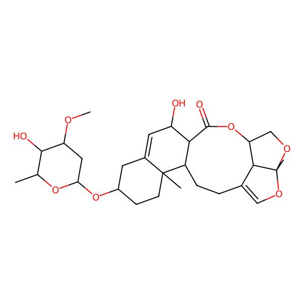 2D Structure of 7-Hydroxy-2a,12a-dimethyl-6-oxo-2a,4,4a,6a,7,9,10,11,12,12a,12b,13,14,14b-tetradecahydro-6H-2,3,5-trioxapentaleno[1',6':5,6,7]cyclonona[1,2-a]naphthalen-10-yl 2,6-dideoxy-3-O-methylhexopyranoside