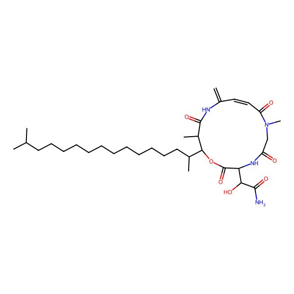 2D Structure of (2R)-2-[(3R,9E,14R,15R)-7,14-dimethyl-15-[(2S)-15-methylhexadecan-2-yl]-11-methylidene-2,5,8,13-tetraoxo-1-oxa-4,7,12-triazacyclopentadec-9-en-3-yl]-2-hydroxyacetamide