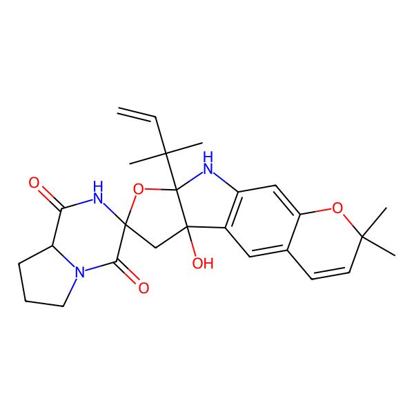 2D Structure of 11-hydroxy-5,5-dimethyl-15-(2-methylbut-3-en-2-yl)spiro[4,14-dioxa-16-azatetracyclo[8.6.0.03,8.011,15]hexadeca-1(10),2,6,8-tetraene-13,3'-6,7,8,8a-tetrahydro-2H-pyrrolo[1,2-a]pyrazine]-1',4'-dione