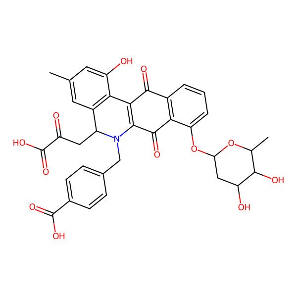 2D Structure of 4-[[(5S)-5-(2-carboxy-2-oxoethyl)-8-[(2S,4R,5R,6S)-4,5-dihydroxy-6-methyloxan-2-yl]oxy-1-hydroxy-3-methyl-7,12-dioxo-5H-benzo[b]phenanthridin-6-yl]methyl]benzoic acid