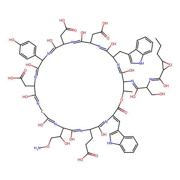 2D Structure of 3-[(3Z,6S,9R,15S,18R,21S,24S,27R,30S,31R)-9-[(1S)-2-aminooxy-1-hydroxyethyl]-15,21,24-tris(carboxymethyl)-30-[[(2S)-1,3-dihydroxy-2-[[hydroxy-(3-propyloxiran-2-yl)methylidene]amino]propylidene]amino]-5,8,11,14,17,20,23,26,29-nonahydroxy-18-(4-hydroxyphenyl)-27-(1H-indol-3-ylmethyl)-3-(1H-indol-3-ylmethylidene)-31-methyl-2-oxo-1-oxa-4,7,10,13,16,19,22,25,28-nonazacyclohentriaconta-4,7,10,13,16,19,22,25,28-nonaen-6-yl]propanoic acid