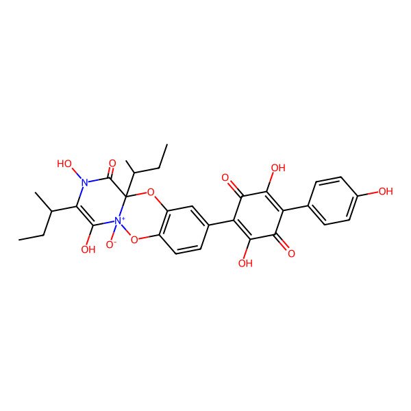 2D Structure of 2-[(11aR)-3-[(2S)-butan-2-yl]-11a-[(2R)-butan-2-yl]-2,4-dihydroxy-5-oxido-1-oxopyrazino[1,2-b][1,4,2]benzodioxazin-5-ium-9-yl]-3,6-dihydroxy-5-(4-hydroxyphenyl)cyclohexa-2,5-diene-1,4-dione
