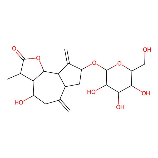 2D Structure of 4-hydroxy-3-methyl-6,9-dimethylidene-8-[3,4,5-trihydroxy-6-(hydroxymethyl)oxan-2-yl]oxy-3a,4,5,6a,7,8,9a,9b-octahydro-3H-azuleno[4,5-b]furan-2-one