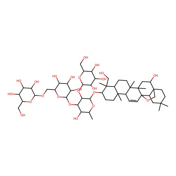 2D Structure of (2R,3S,4S,5R,6R)-2-(hydroxymethyl)-6-[[(2R,3S,4S,5R,6S)-3,4,5-trihydroxy-6-[(2R,3R,4S,5S,6R)-5-hydroxy-2-[[(1S,2S,4S,5R,8R,9R,10S,13S,14R,17S,18R)-2-hydroxy-9-(hydroxymethyl)-4,5,9,13,20,20-hexamethyl-24-oxahexacyclo[15.5.2.01,18.04,17.05,14.08,13]tetracos-15-en-10-yl]oxy]-6-methyl-3-[(2R,3R,4S,5S,6R)-3,4,5-trihydroxy-6-(hydroxymethyl)oxan-2-yl]oxyoxan-4-yl]oxyoxan-2-yl]methoxy]oxane-3,4,5-triol