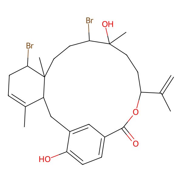 2D Structure of (3R,7S,8S,11R,12S,15S)-7,11-dibromo-12,21-dihydroxy-4,8,12-trimethyl-15-prop-1-en-2-yl-16-oxatricyclo[16.3.1.03,8]docosa-1(21),4,18(22),19-tetraen-17-one
