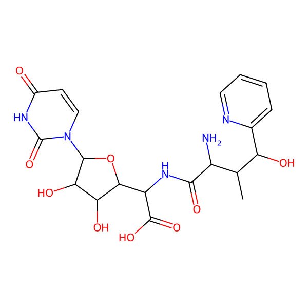 2D Structure of (2R)-2-[[(2S,3S,4S)-2-amino-4-hydroxy-3-methyl-4-pyridin-2-ylbutanoyl]amino]-2-[(2R,3R,4R,5S)-5-(2,4-dioxopyrimidin-1-yl)-3,4-dihydroxyoxolan-2-yl]acetic acid