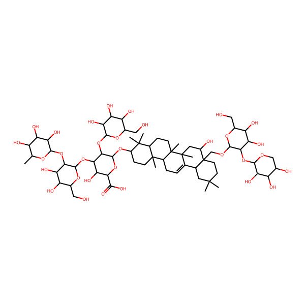 2D Structure of (2S,3S,4S,5R,6R)-6-[[(3S,4aR,6aR,6bS,8R,8aS,12aS,14aR,14bR)-8a-[[(2R,3R,4S,5S,6R)-4,5-dihydroxy-6-(hydroxymethyl)-3-[(2S,3R,4S,5R)-3,4,5-trihydroxyoxan-2-yl]oxyoxan-2-yl]oxymethyl]-8-hydroxy-4,4,6a,6b,11,11,14b-heptamethyl-1,2,3,4a,5,6,7,8,9,10,12,12a,14,14a-tetradecahydropicen-3-yl]oxy]-4-[(2S,3R,4S,5R,6R)-4,5-dihydroxy-6-(hydroxymethyl)-3-[(2S,3R,4R,5R,6S)-3,4,5-trihydroxy-6-methyloxan-2-yl]oxyoxan-2-yl]oxy-3-hydroxy-5-[(2S,3R,4S,5S,6R)-3,4,5-trihydroxy-6-(hydroxymethyl)oxan-2-yl]oxyoxane-2-carboxylic acid