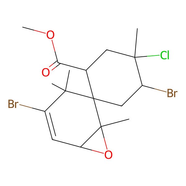 2D Structure of methyl (1R,1'S,4'S,5S,5'S,6S)-3,4'-dibromo-5'-chloro-4,4,5',6-tetramethylspiro[7-oxabicyclo[4.1.0]hept-2-ene-5,2'-cyclohexane]-1'-carboxylate