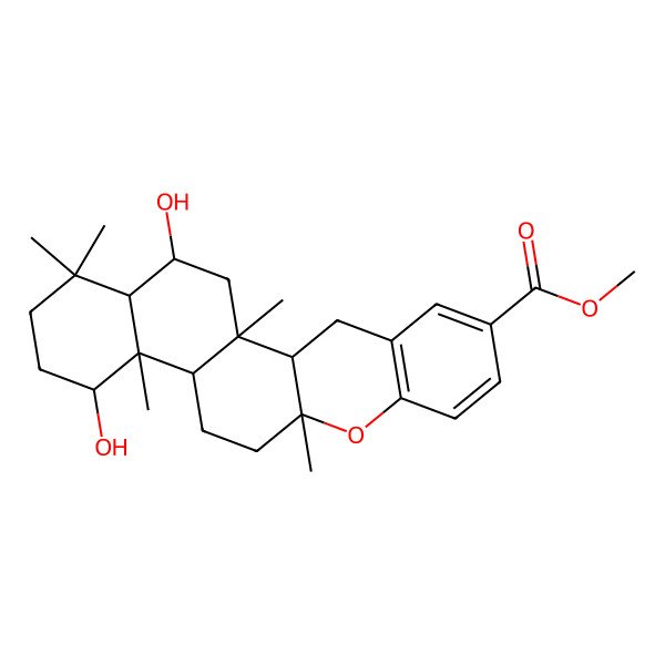 2D Structure of Methyl 16,21-dihydroxy-1,11,15,19,19-pentamethyl-10-oxapentacyclo[12.8.0.02,11.04,9.015,20]docosa-4(9),5,7-triene-6-carboxylate