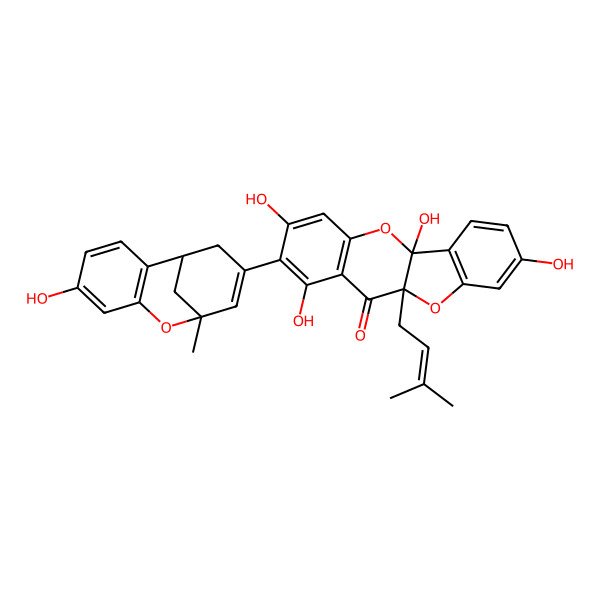 2D Structure of 11H-Benzofuro(3,2-b)(1)benzopyran-11-one, 2-(5,6-dihydro-9-hydroxy-2-methyl-2,6-methano-2H-1-benzoxocin-4-yl)-5a,10a-dihydro-1,3,5a,8-tetrahydroxy-10a-(3-methyl-2-butenyl)-