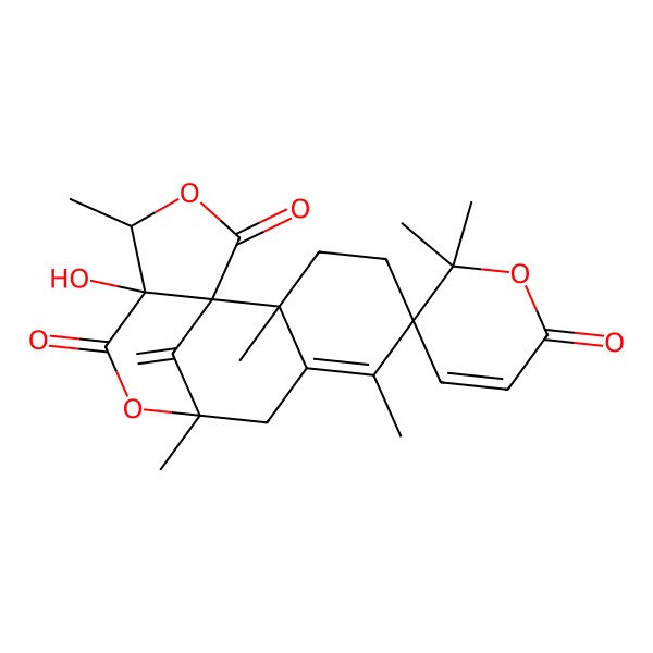 2D Structure of 12-Hydroxy-2,6,6',6',9,13-hexamethyl-16-methylidenespiro[10,14-dioxatetracyclo[7.6.1.01,12.02,7]hexadec-6-ene-5,5'-pyran]-2',11,15-trione