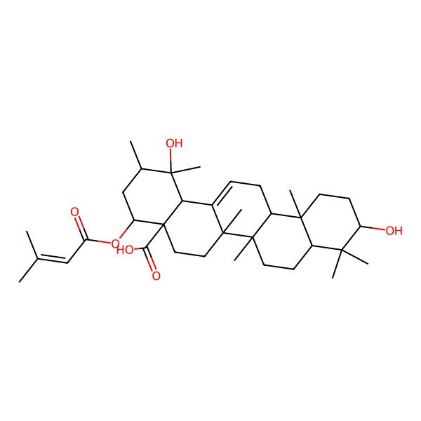2D Structure of (1R,2R,4R,4aS,6aR,6aS,6bR,8aR,10S,12aR,14bS)-1,10-dihydroxy-1,2,6a,6b,9,9,12a-heptamethyl-4-(3-methylbut-2-enoyloxy)-2,3,4,5,6,6a,7,8,8a,10,11,12,13,14b-tetradecahydropicene-4a-carboxylic acid