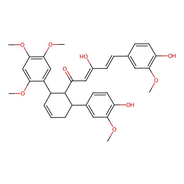 2D Structure of (2Z,4E)-3-hydroxy-5-(4-hydroxy-3-methoxyphenyl)-1-[(1R,2S,6S)-6-(4-hydroxy-3-methoxyphenyl)-2-(2,4,5-trimethoxyphenyl)cyclohex-3-en-1-yl]penta-2,4-dien-1-one