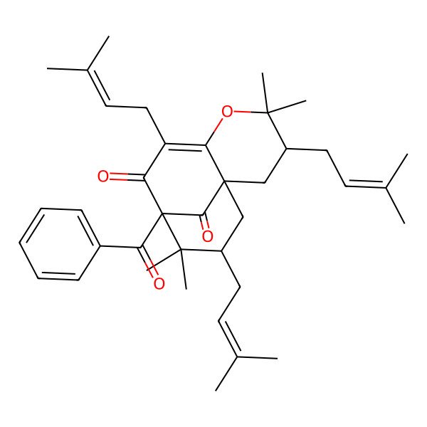 2D Structure of 9-Benzoyl-4,4,10,10-tetramethyl-3,7,11-tris(3-methylbut-2-enyl)-5-oxatricyclo[7.3.1.01,6]tridec-6-ene-8,13-dione
