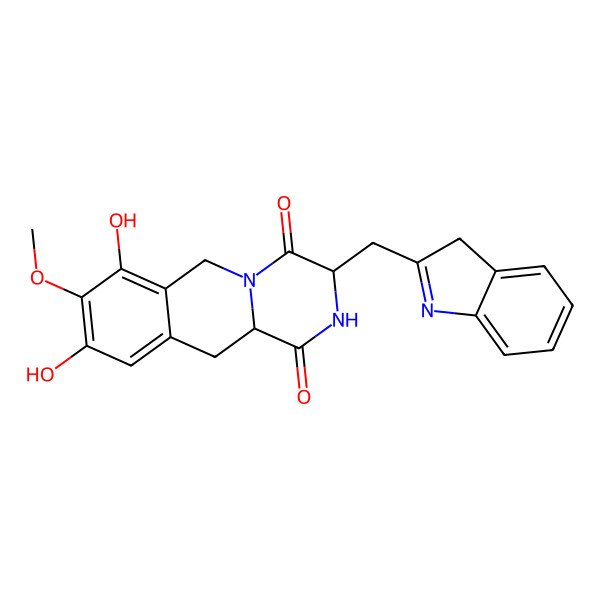 2D Structure of (3R,11aR)-7,9-dihydroxy-3-(3H-indol-2-ylmethyl)-8-methoxy-3,6,11,11a-tetrahydro-2H-pyrazino[1,2-b]isoquinoline-1,4-dione