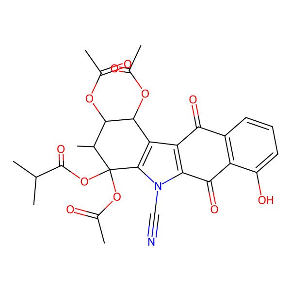 2D Structure of [(1S,3S,4S)-1,2,4-triacetyloxy-5-cyano-7-hydroxy-3-methyl-6,11-dioxo-2,3-dihydro-1H-benzo[h]carbazol-4-yl] 2-methylpropanoate