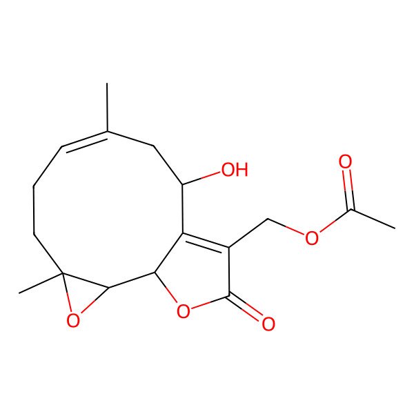 2D Structure of (10-Hydroxy-4,8-dimethyl-13-oxo-3,14-dioxatricyclo[9.3.0.02,4]tetradeca-7,11-dien-12-yl)methyl acetate