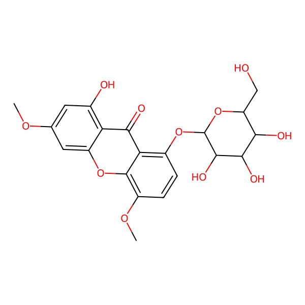 2D Structure of 1-hydroxy-3,5-dimethoxy-8-[(2R,3R,4S,5S,6R)-3,4,5-trihydroxy-6-(hydroxymethyl)oxan-2-yl]oxyxanthen-9-one