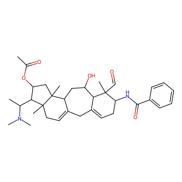2D Structure of [(6S,7R,8R,9S,11R,12S,14R,15S,16R)-6-benzamido-15-[(1S)-1-(dimethylamino)ethyl]-7-formyl-9-hydroxy-7,12,16-trimethyl-14-tetracyclo[9.7.0.03,8.012,16]octadeca-1(18),3-dienyl] acetate
