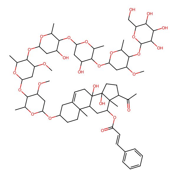 2D Structure of [(3S,8S,9R,10R,12R,13S,14R,17R)-17-acetyl-8,14-dihydroxy-3-[(2R,4S,5R,6R)-5-[(2S,4S,5R,6R)-5-[(2S,4R,5S,6R)-4-hydroxy-5-[(2S,4S,5S,6R)-4-hydroxy-5-[(2S,4S,5R,6R)-4-methoxy-6-methyl-5-[(2S,3R,4S,5S,6R)-3,4,5-trihydroxy-6-(hydroxymethyl)oxan-2-yl]oxyoxan-2-yl]oxy-6-methyloxan-2-yl]oxy-6-methyloxan-2-yl]oxy-4-methoxy-6-methyloxan-2-yl]oxy-4-methoxy-6-methyloxan-2-yl]oxy-10,13-dimethyl-2,3,4,7,9,11,12,15,16,17-decahydro-1H-cyclopenta[a]phenanthren-12-yl] (E)-3-phenylprop-2-enoate