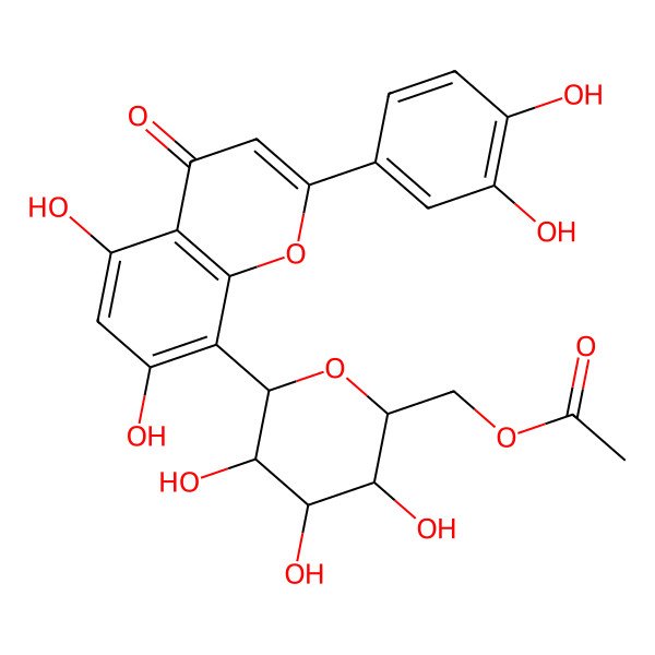 2D Structure of [(2R,3S,4R,5R,6S)-6-[2-(3,4-dihydroxyphenyl)-5,7-dihydroxy-4-oxochromen-8-yl]-3,4,5-trihydroxyoxan-2-yl]methyl acetate