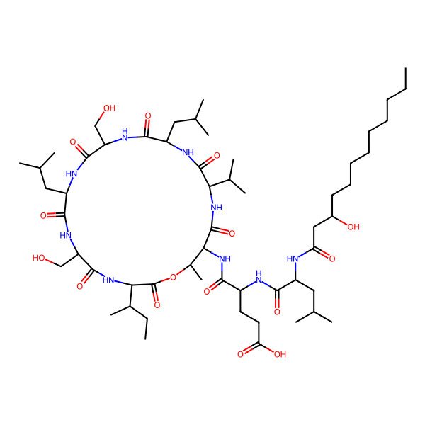 2D Structure of (4R)-5-[[(3S,6R,9S,12R,15S,18R,21R,22R)-3-[(2S)-butan-2-yl]-6,12-bis(hydroxymethyl)-22-methyl-9,15-bis(2-methylpropyl)-2,5,8,11,14,17,20-heptaoxo-18-propan-2-yl-1-oxa-4,7,10,13,16,19-hexazacyclodocos-21-yl]amino]-4-[[(2S)-2-[[(3R)-3-hydroxydodecanoyl]amino]-4-methylpentanoyl]amino]-5-oxopentanoic acid