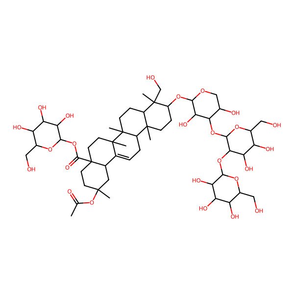 2D Structure of [3,4,5-Trihydroxy-6-(hydroxymethyl)oxan-2-yl] 2-acetyloxy-10-[4-[4,5-dihydroxy-6-(hydroxymethyl)-3-[3,4,5-trihydroxy-6-(hydroxymethyl)oxan-2-yl]oxyoxan-2-yl]oxy-3,5-dihydroxyoxan-2-yl]oxy-9-(hydroxymethyl)-2,6a,6b,9,12a-pentamethyl-1,3,4,5,6,6a,7,8,8a,10,11,12,13,14b-tetradecahydropicene-4a-carboxylate