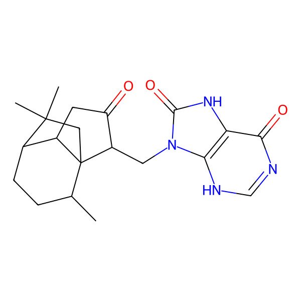 2D Structure of 9-[[(1S,2S,5R,6S,9S)-9,11,11-trimethyl-3-oxo-2-tricyclo[4.3.2.01,5]undecanyl]methyl]-3,7-dihydropurine-6,8-dione