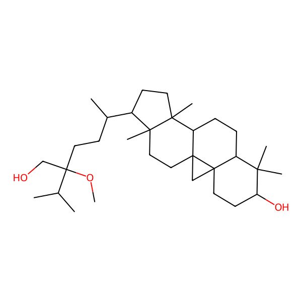 2D Structure of (1S,3R,6S,8R,11S,12S,15R,16R)-15-[(2R)-5-(hydroxymethyl)-5-methoxy-6-methylheptan-2-yl]-7,7,12,16-tetramethylpentacyclo[9.7.0.01,3.03,8.012,16]octadecan-6-ol