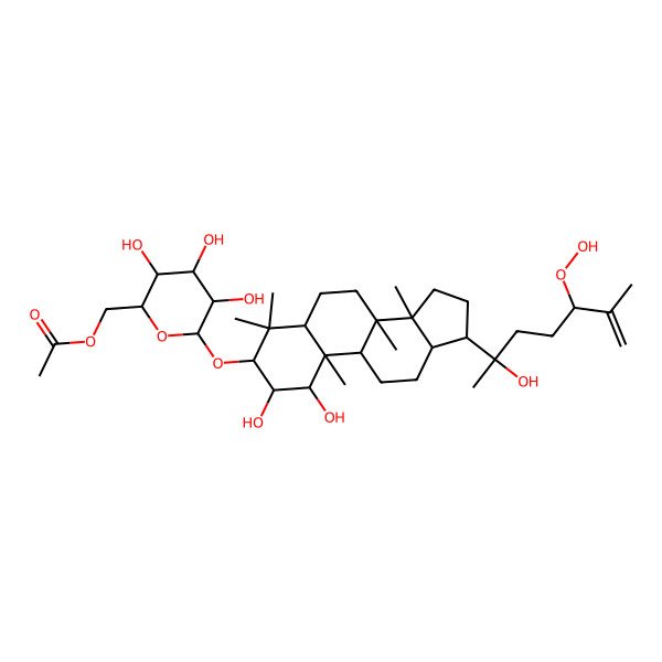 2D Structure of [6-[[17-(5-hydroperoxy-2-hydroxy-6-methylhept-6-en-2-yl)-1,2-dihydroxy-4,4,8,10,14-pentamethyl-2,3,5,6,7,9,11,12,13,15,16,17-dodecahydro-1H-cyclopenta[a]phenanthren-3-yl]oxy]-3,4,5-trihydroxyoxan-2-yl]methyl acetate