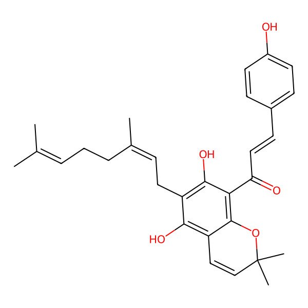 2D Structure of 1-[6-(3,7-Dimethylocta-2,6-dienyl)-5,7-dihydroxy-2,2-dimethylchromen-8-yl]-3-(4-hydroxyphenyl)prop-2-en-1-one