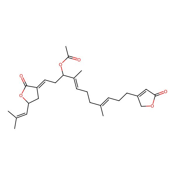 2D Structure of [(1Z,3R,4E,8E)-4,8-dimethyl-1-[(5R)-5-(2-methylprop-1-enyl)-2-oxooxolan-3-ylidene]-11-(5-oxo-2H-furan-3-yl)undeca-4,8-dien-3-yl] acetate
