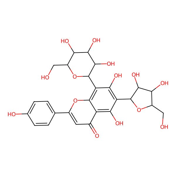 2D Structure of 6-[(2R,3S,4S,5R)-3,4-dihydroxy-5-(hydroxymethyl)oxolan-2-yl]-5,7-dihydroxy-2-(4-hydroxyphenyl)-8-[(2S,3R,4R,5S,6R)-3,4,5-trihydroxy-6-(hydroxymethyl)oxan-2-yl]chromen-4-one
