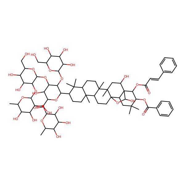 2D Structure of (2S,3S,4S,5S,6S)-6-[(1R,2R,4S,5R,8S,10S,13S,14R,17S,18R,21R,22R,23S)-21-benzoyloxy-2,23-dihydroxy-4,5,9,9,13,20,20-heptamethyl-22-[(E)-3-phenylprop-2-enoyl]oxy-24-oxahexacyclo[15.5.2.01,18.04,17.05,14.08,13]tetracosan-10-yl]-4-[(2S,3R,4S,5R,6R)-3-[(2S,3R,4R,5R,6S)-4,5-dihydroxy-6-methyl-3-[(2S,3R,4R,5R,6S)-3,4,5-trihydroxy-6-methyloxan-2-yl]oxyoxan-2-yl]oxy-4,5-dihydroxy-6-(hydroxymethyl)oxan-2-yl]oxy-3-hydroxy-5-[(2S,3R,4S,5R,6R)-3,4,5-trihydroxy-6-(hydroxymethyl)oxan-2-yl]oxyoxane-2-carboxylic acid