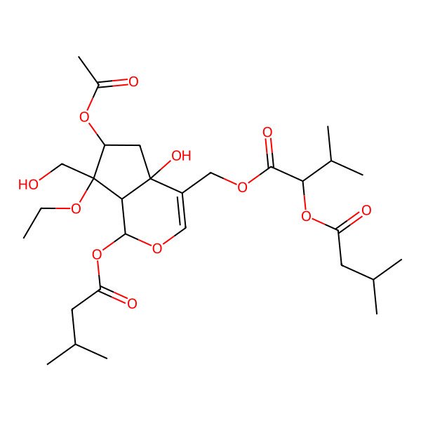 2D Structure of [(1S,4aR,6S,7S,7aS)-6-acetyloxy-7-ethoxy-4a-hydroxy-7-(hydroxymethyl)-1-(3-methylbutanoyloxy)-1,5,6,7a-tetrahydrocyclopenta[c]pyran-4-yl]methyl (2R)-3-methyl-2-(3-methylbutanoyloxy)butanoate