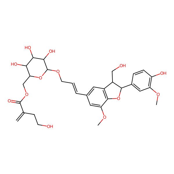 2D Structure of [(2S,3S,4R,5S,6S)-3,4,5-trihydroxy-6-[(E)-3-[(2S,3R)-2-(4-hydroxy-3-methoxyphenyl)-3-(hydroxymethyl)-7-methoxy-2,3-dihydro-1-benzofuran-5-yl]prop-2-enoxy]oxan-2-yl]methyl 4-hydroxy-2-methylidenebutanoate