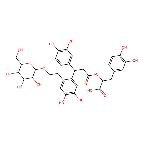 2D Structure of 3-(3,4-Dihydroxyphenyl)-2-[3-(3,4-dihydroxyphenyl)-3-[4,5-dihydroxy-2-[2-[3,4,5-trihydroxy-6-(hydroxymethyl)oxan-2-yl]oxyethyl]phenyl]propanoyl]oxypropanoic acid
