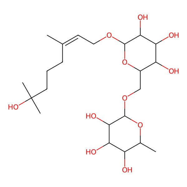 2D Structure of (2S,3R,4R,5R,6R)-2-methyl-6-[[(2R,3S,4S,5R,6R)-3,4,5-trihydroxy-6-[(E)-7-hydroxy-3,7-dimethyloct-2-enoxy]oxan-2-yl]methoxy]oxane-3,4,5-triol