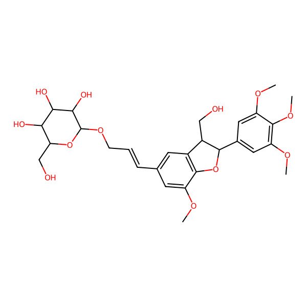 2D Structure of (2R,3S,4S,5R,6R)-2-(hydroxymethyl)-6-[(E)-3-[(2S,3R)-3-(hydroxymethyl)-7-methoxy-2-(3,4,5-trimethoxyphenyl)-2,3-dihydro-1-benzofuran-5-yl]prop-2-enoxy]oxane-3,4,5-triol