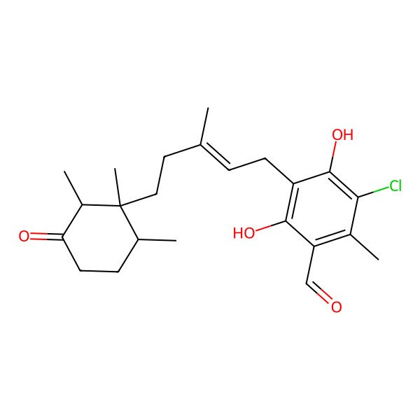 2D Structure of 5-Chloro-2,4-dihydroxy-6-methyl-3-[3-methyl-5-(1,2,6-trimethyl-3-oxocyclohexyl)pent-2-enyl]benzaldehyde