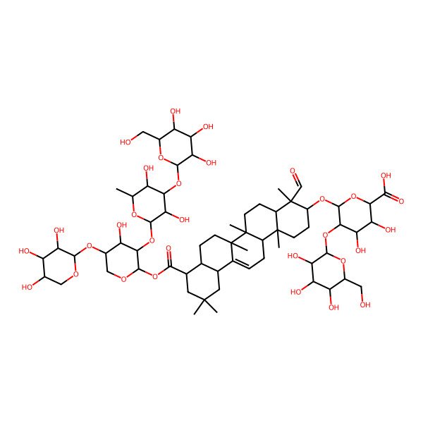 2D Structure of (2S,3S,4S,5R,6R)-6-[[(3S,4S,4aR,6aR,6bS,8aS,9R,12aR,14aR,14bR)-9-[(2R,3S,4R,5R)-3-[(2S,3R,4R,5S,6S)-3,5-dihydroxy-6-methyl-4-[(2S,3R,4S,5S,6R)-3,4,5-trihydroxy-6-(hydroxymethyl)oxan-2-yl]oxyoxan-2-yl]oxy-4-hydroxy-5-[(2S,3R,4S,5R)-3,4,5-trihydroxyoxan-2-yl]oxyoxan-2-yl]oxycarbonyl-4-formyl-4,6a,6b,11,11,14b-hexamethyl-2,3,4a,5,6,7,8,8a,9,10,12,12a,14,14a-tetradecahydro-1H-picen-3-yl]oxy]-3,4-dihydroxy-5-[(2S,3R,4S,5R,6R)-3,4,5-trihydroxy-6-(hydroxymethyl)oxan-2-yl]oxyoxane-2-carboxylic acid