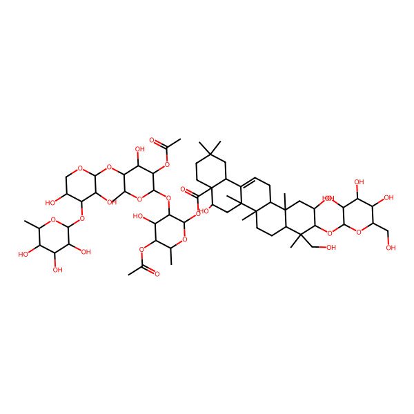 2D Structure of [(2S,3R,4S,5R,6R)-5-acetyloxy-3-[(2S,3R,4R,5R,6S)-3-acetyloxy-5-[(2S,3R,4S,5R)-3,5-dihydroxy-4-[(2S,3R,4R,5R,6S)-3,4,5-trihydroxy-6-methyloxan-2-yl]oxyoxan-2-yl]oxy-4-hydroxy-6-methyloxan-2-yl]oxy-4-hydroxy-6-methyloxan-2-yl] (4aR,5R,6aR,6aS,6bR,8aR,9R,10R,11S,12aR,14bS)-5,11-dihydroxy-9-(hydroxymethyl)-2,2,6a,6b,9,12a-hexamethyl-10-[(2R,3R,4S,5S,6R)-3,4,5-trihydroxy-6-(hydroxymethyl)oxan-2-yl]oxy-1,3,4,5,6,6a,7,8,8a,10,11,12,13,14b-tetradecahydropicene-4a-carboxylate