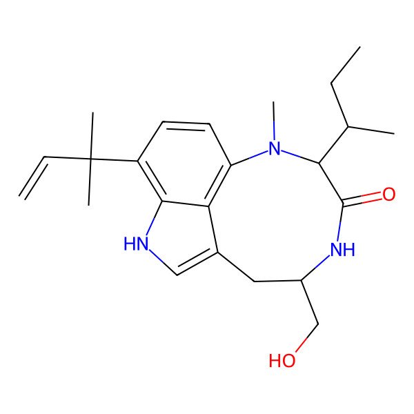 2D Structure of 10-Butan-2-yl-13-(hydroxymethyl)-9-methyl-5-(2-methylbut-3-en-2-yl)-3,9,12-triazatricyclo[6.6.1.04,15]pentadeca-1,4,6,8(15)-tetraen-11-one