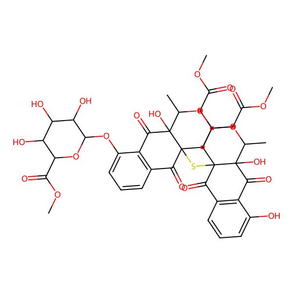 2D Structure of methyl 6-[[4a-[[9,10a-dihydroxy-3-(2-methoxy-2-oxoethyl)-1-methyl-5,10-dioxo-3,4-dihydro-1H-benzo[g]isochromen-4a-yl]sulfanyl]-10a-hydroxy-3-(2-methoxy-2-oxoethyl)-1-methyl-5,10-dioxo-3,4-dihydro-1H-benzo[g]isochromen-9-yl]oxy]-3,4,5-trihydroxyoxane-2-carboxylate