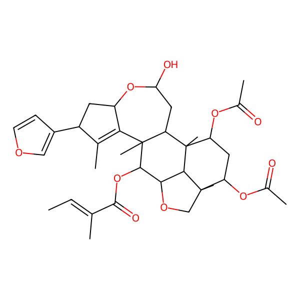 2D Structure of [(1R,2R,4R,6S,8R,11R,12S,13S,16R,17S,19R,20R)-17,19-diacetyloxy-8-(furan-3-yl)-4-hydroxy-1,9,11,16-tetramethyl-5,14-dioxapentacyclo[11.6.1.02,11.06,10.016,20]icos-9-en-12-yl] (E)-2-methylbut-2-enoate
